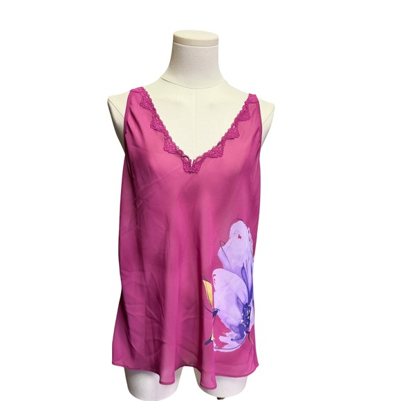 Valerie Stevens Tops - Valerie Stevens Magenta Pink Floral Lace Trim V-Neck Camisole Tank Top Large